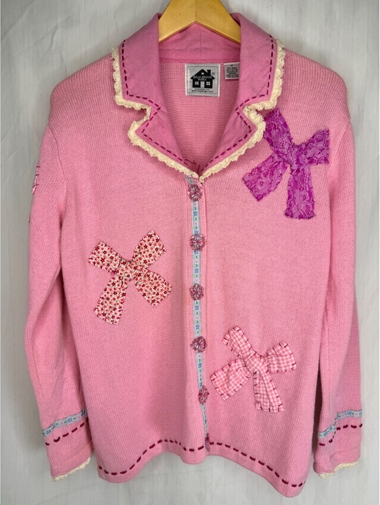 Storybook Knits Sweaters - 1990s Storybook Knits Pink Bow Cardigan Sweater